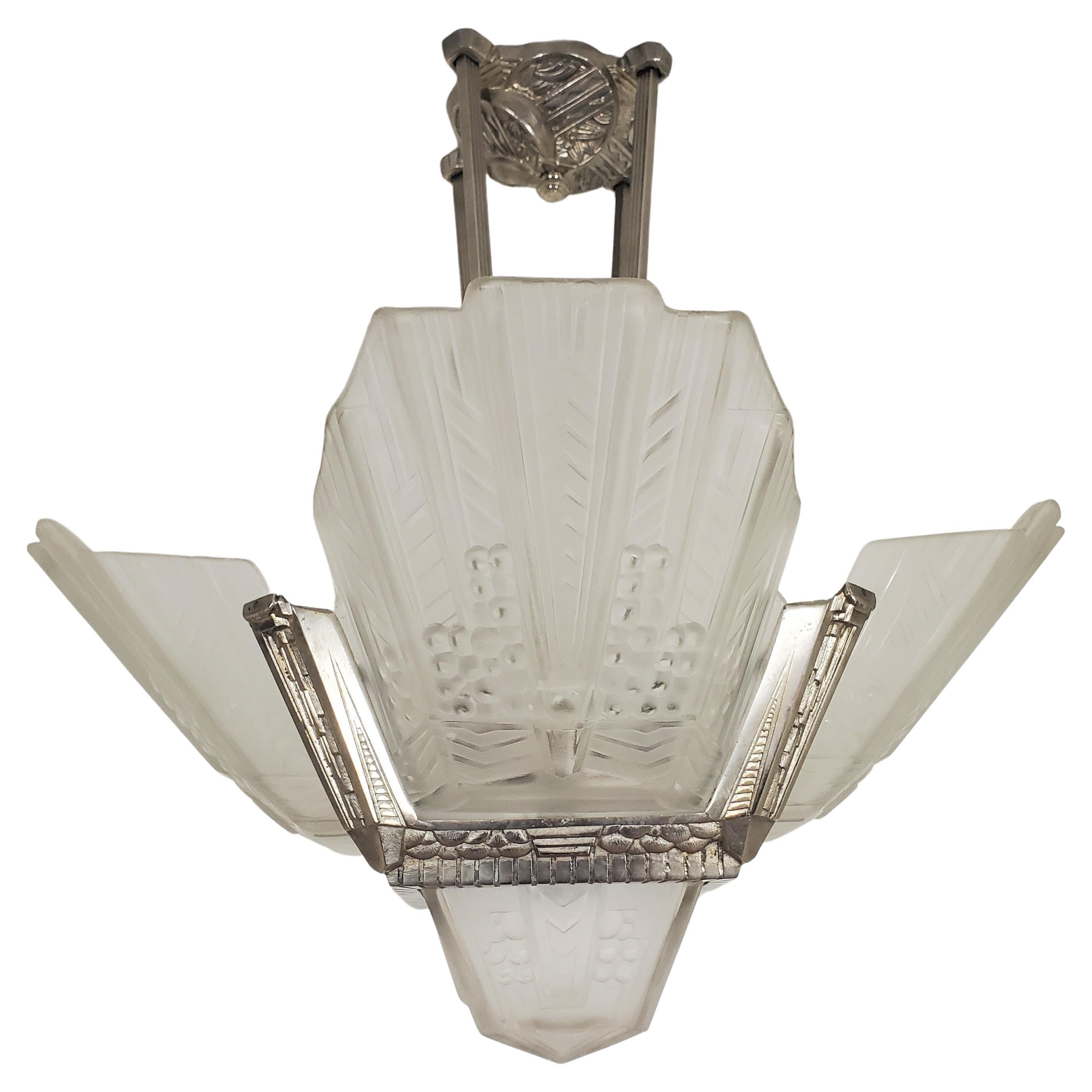 Original French Art Deco Frosted Art Glass + nickeled bronze chandelier, EJ G For Sale