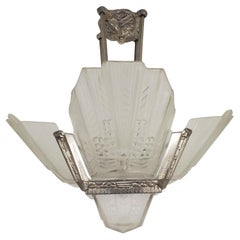 Used Original French Art Deco Frosted Art Glass + nickeled bronze chandelier, EJ G