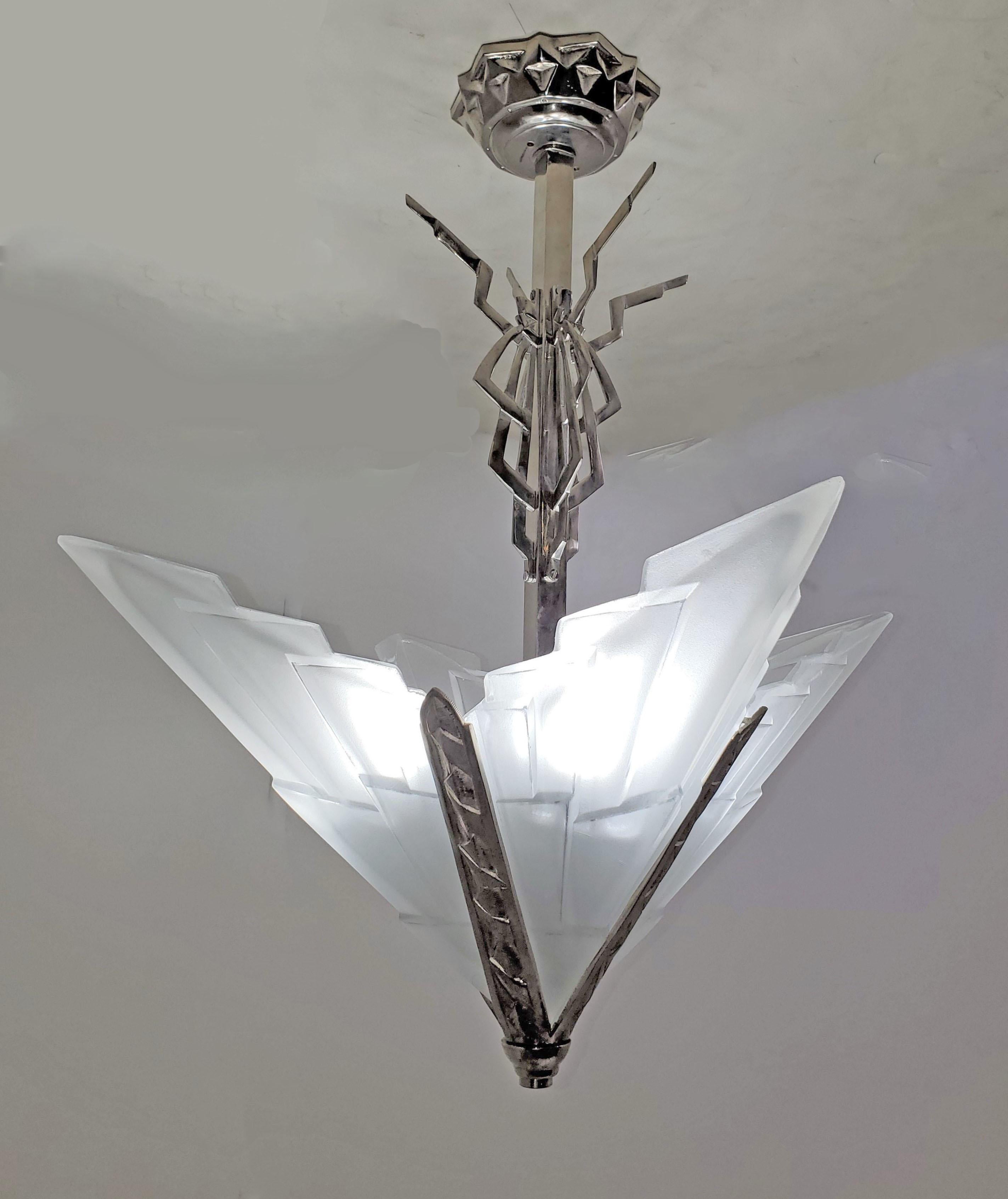 Original French Art Deco Frosted Art Glass Signed Chandelier in Nickel Bronze In Good Condition In New York City, NY