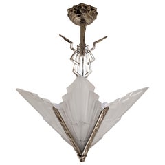 Original French Art Deco Frosted Art Glass Signed Chandelier in Nickel Bronze