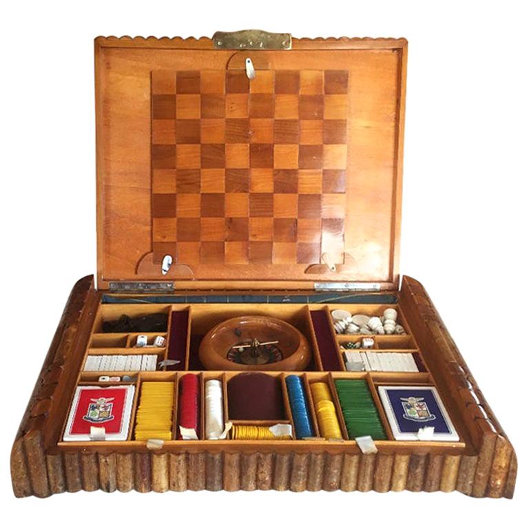 Original French Art Deco Game Box in Wood 1930 Card Chess Draughts Poker Chips