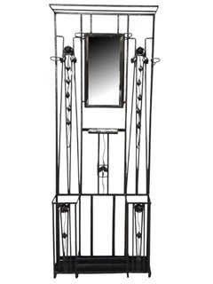 Original French Art Deco hammered iron halltree, w/mirror, shelf, rose trellis