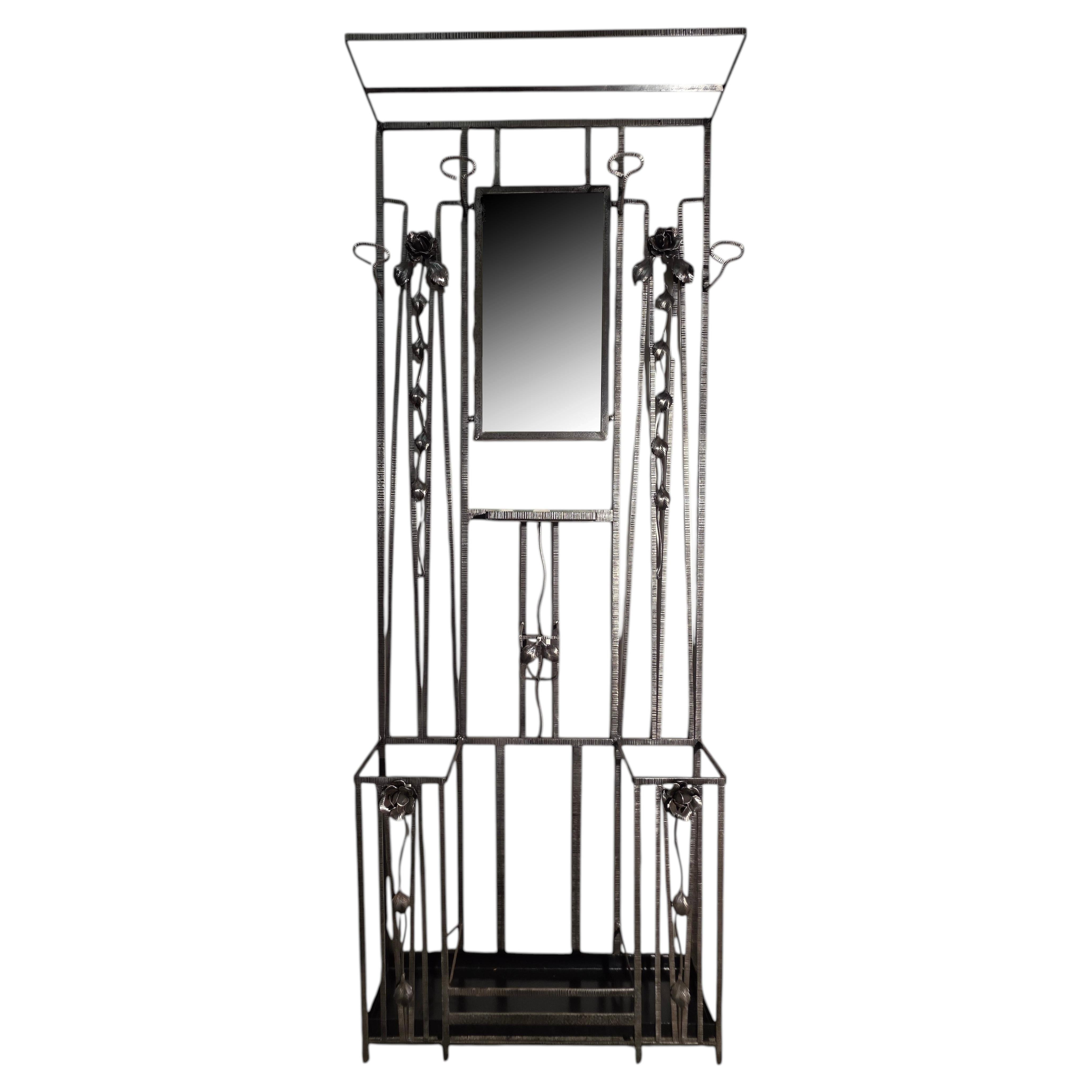 Original French Art Deco hammered iron halltree, w/mirror, shelf