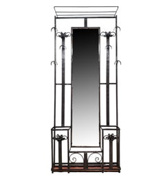 Original French Art Deco hammered iron mirrored hall tree coat stand/rack w rose