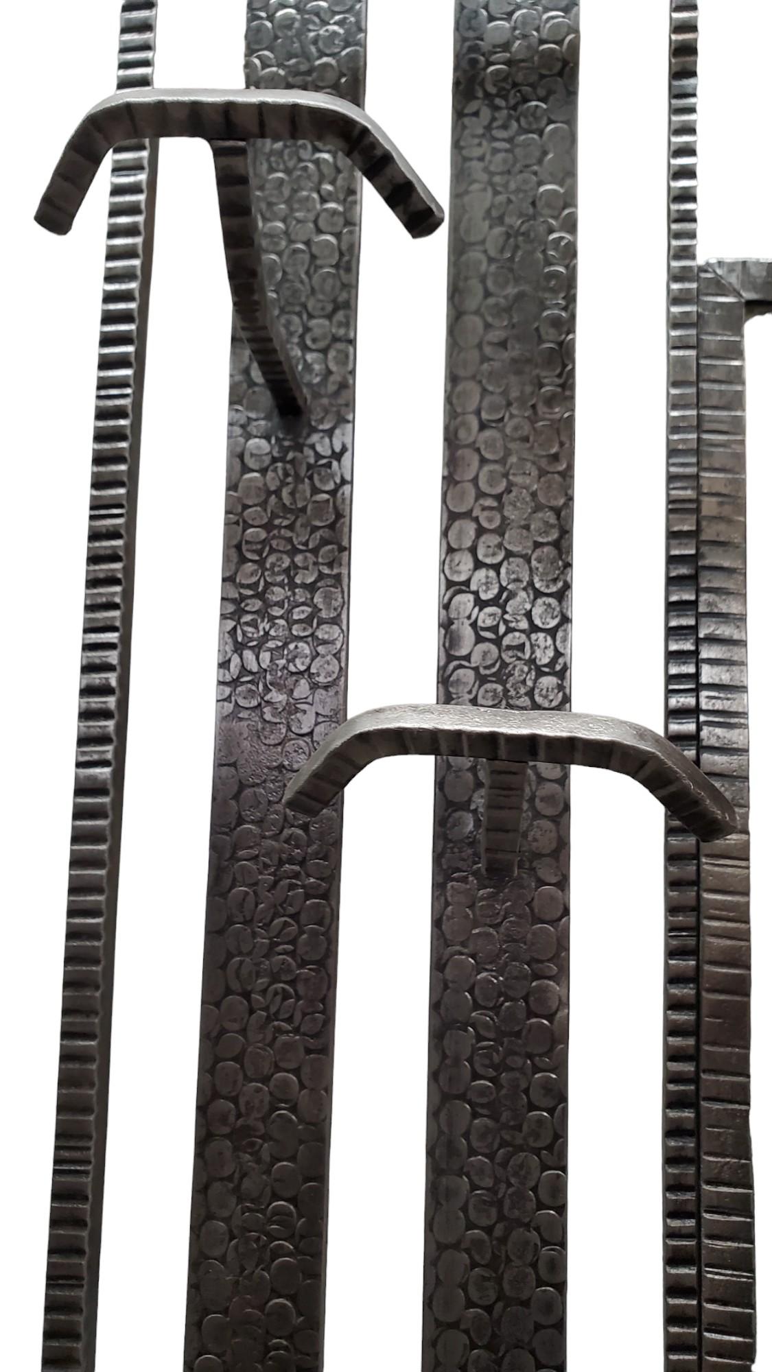 Original French Art Deco hand hammered iron + mirrored hall tree/coat + hat rack 4
