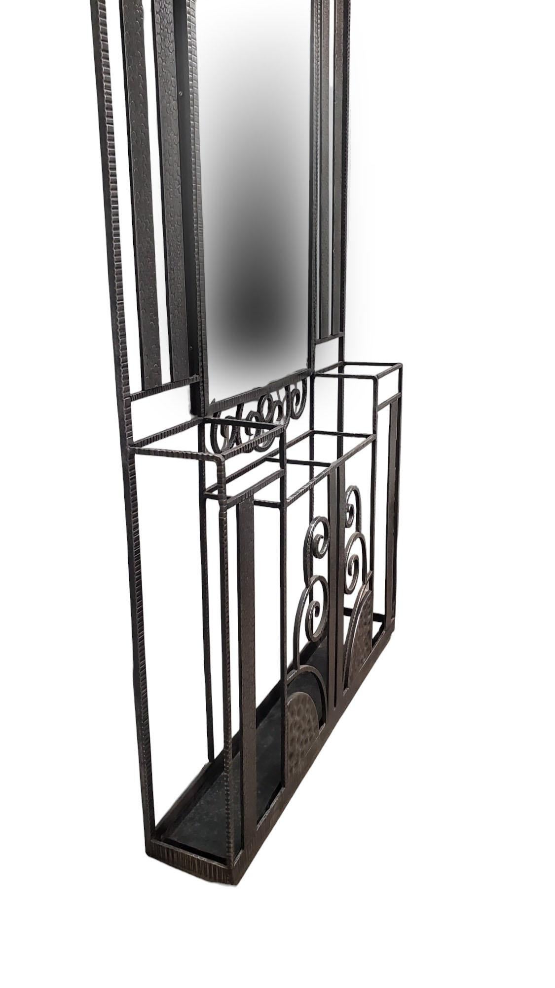 Original French Art Deco hand hammered iron + mirrored hall tree/coat + hat rack 9