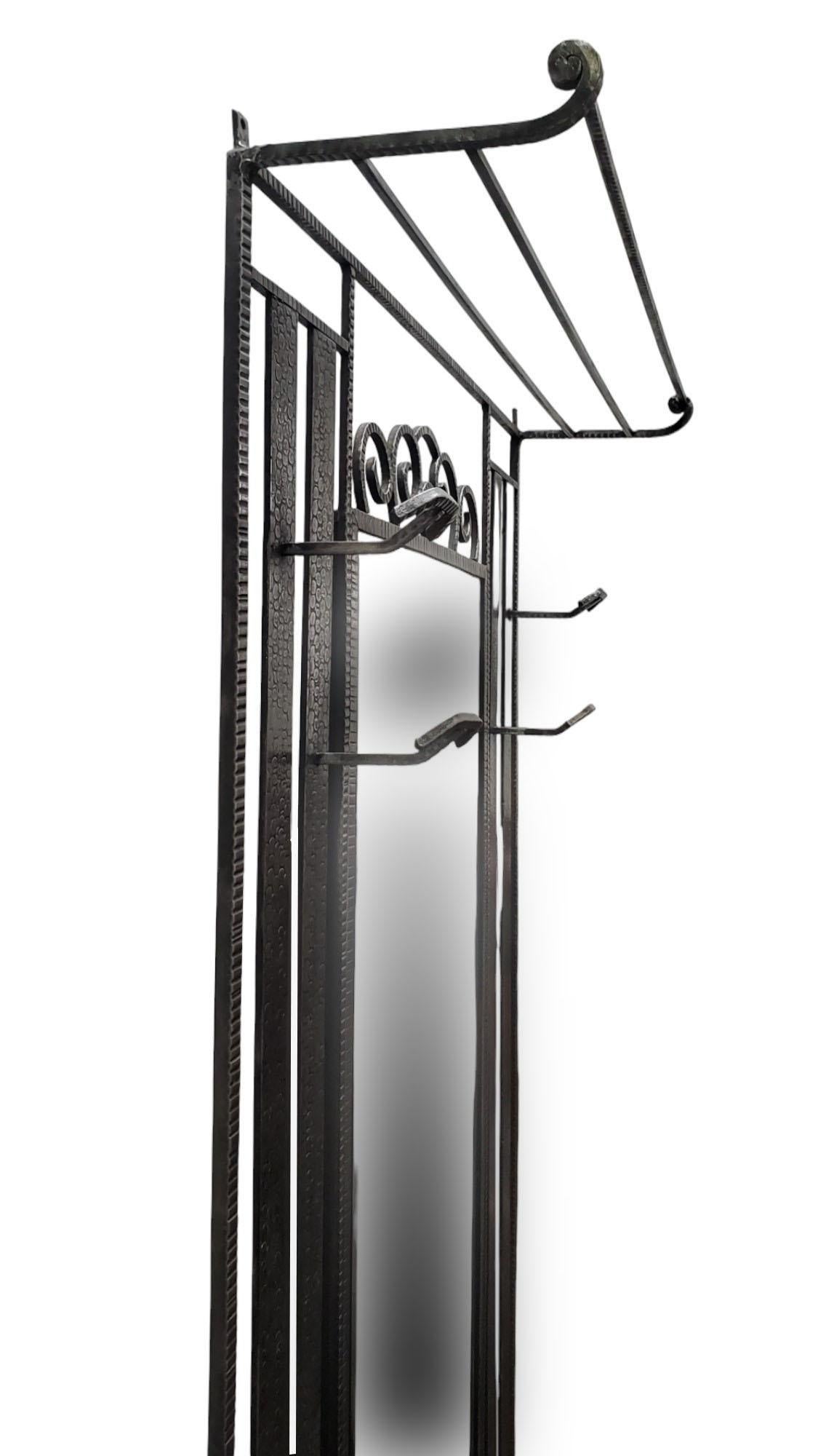 Original French Art Deco hand hammered iron + mirrored hall tree/coat + hat rack 10
