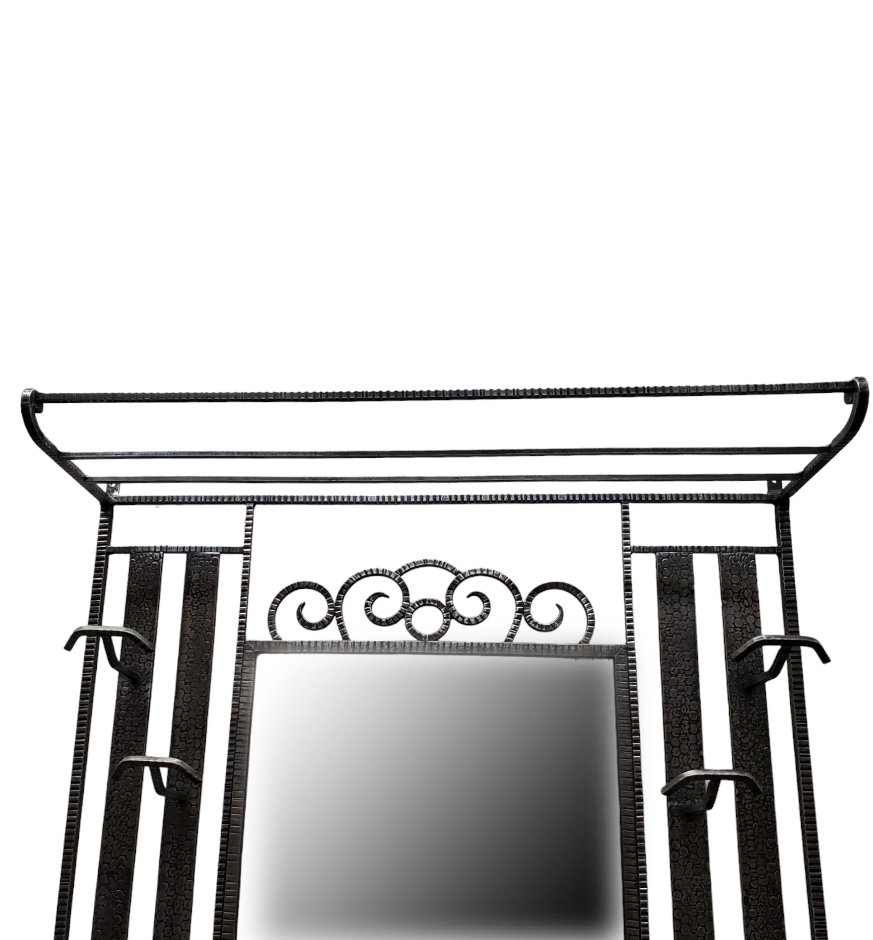 Original French Art Deco hand hammered iron + mirrored hall tree/coat + hat rack In Good Condition In New York City, NY