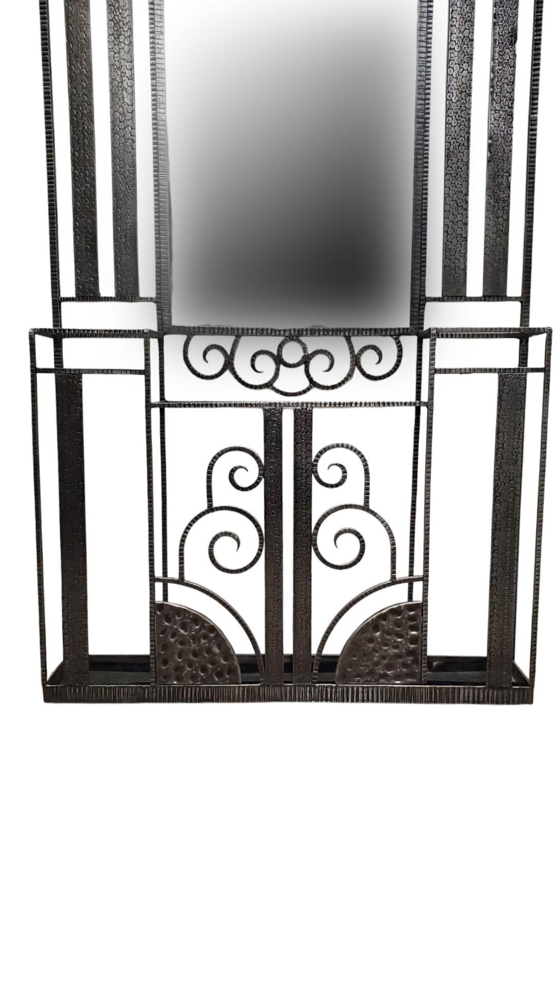 20th Century Original French Art Deco hand hammered iron + mirrored hall tree/coat + hat rack