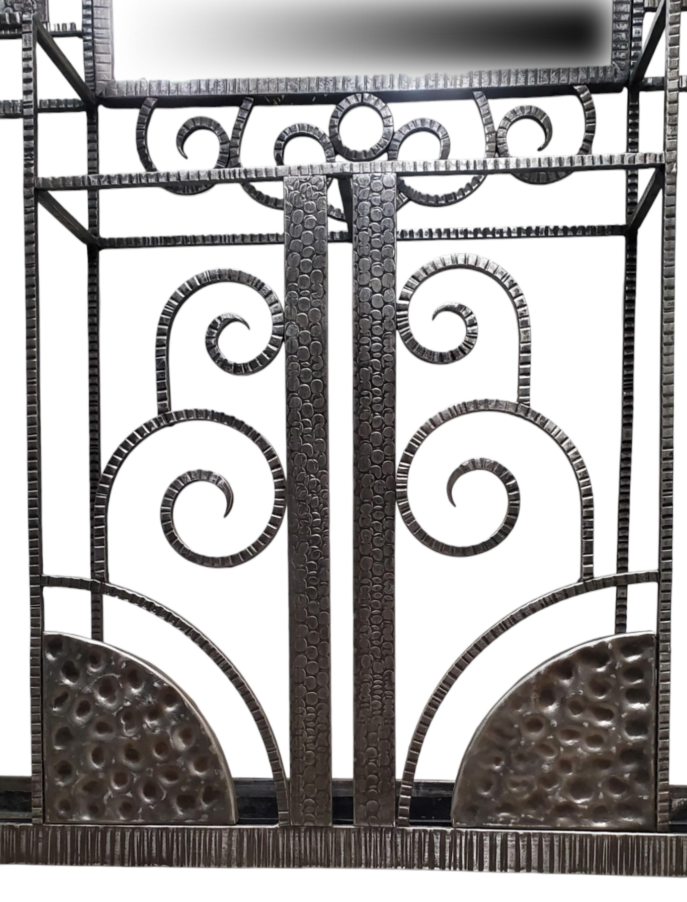 Wrought Iron Original French Art Deco hand hammered iron + mirrored hall tree/coat + hat rack