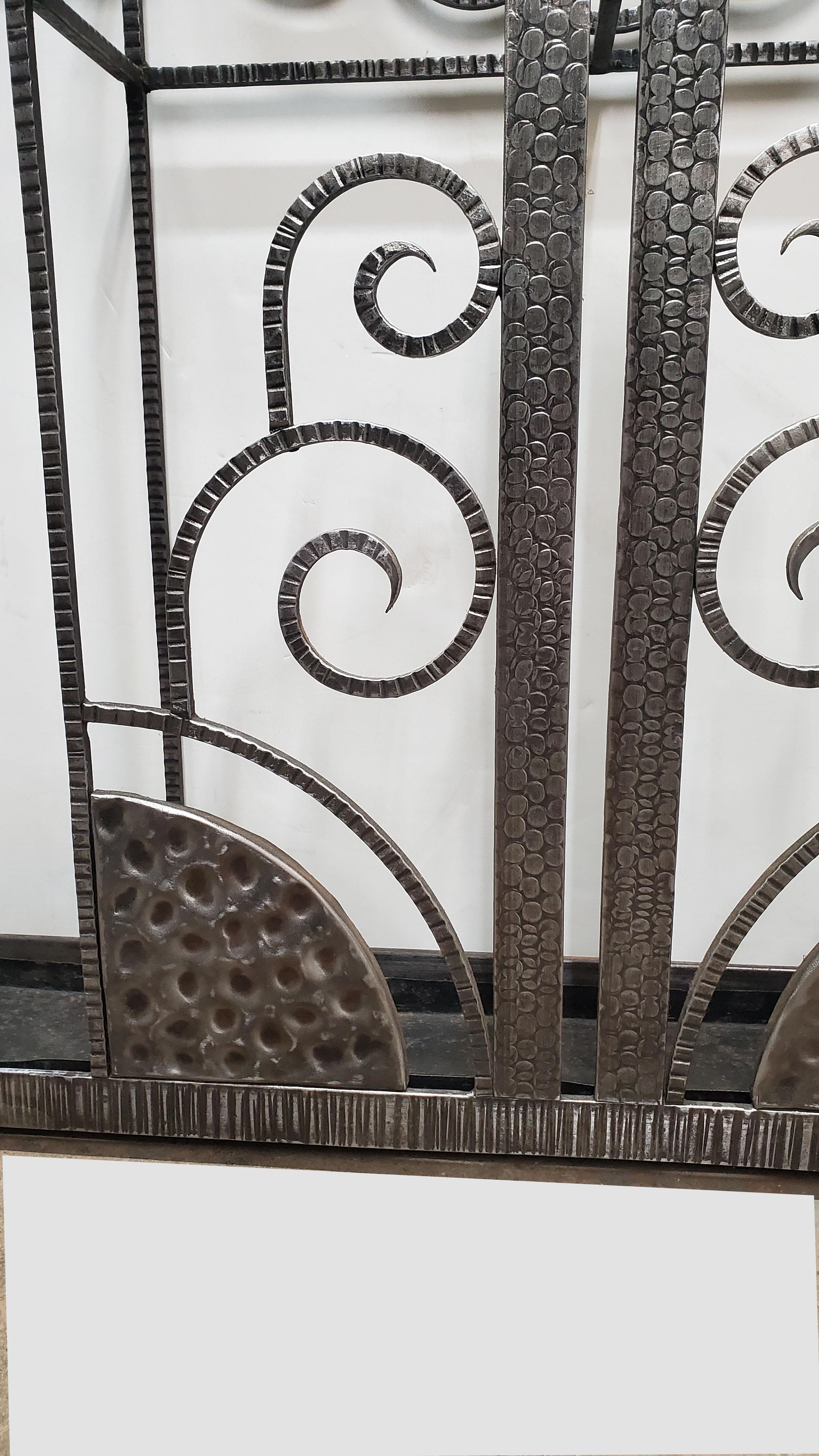 Original French Art Deco hand hammered iron + mirrored hall tree/coat + hat rack 2