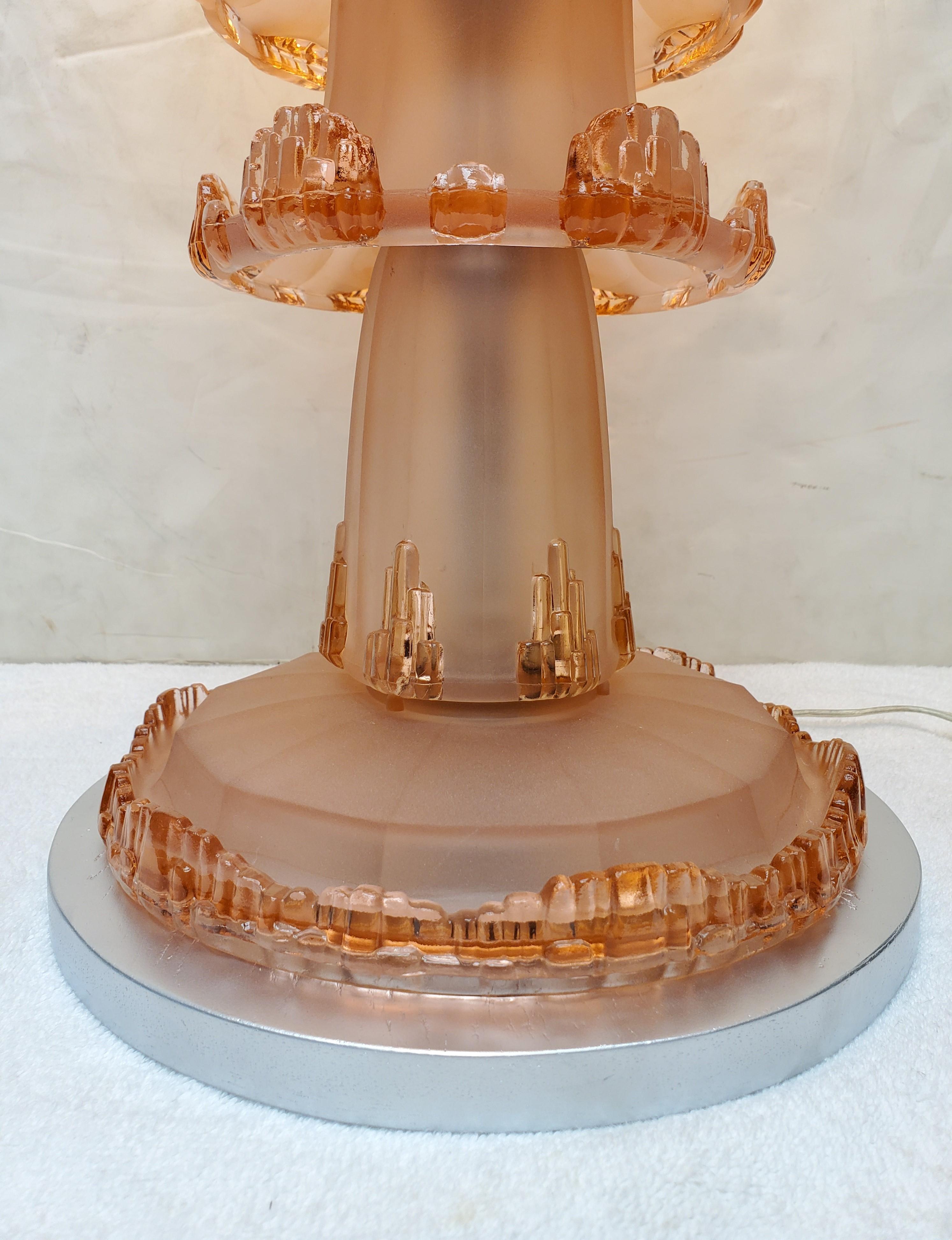 Original French Art Deco Pink/Peach Art Glass Table Lamp by Jean Gauthier For Sale 9