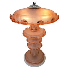 Original French Art Deco Pink/Peach Art Glass Table Lamp by Jean Gauthier