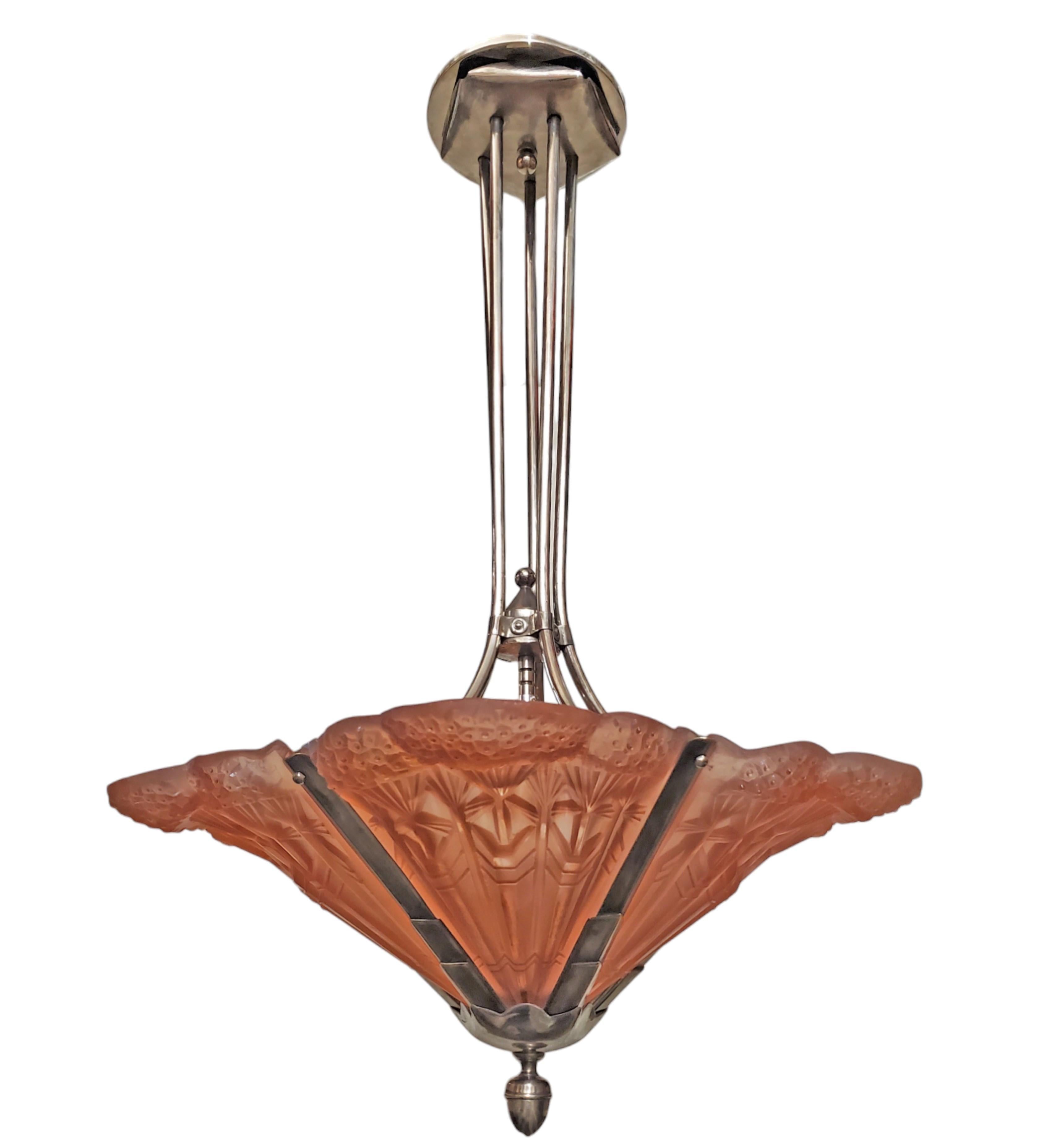 Original French Art Deco salmon/peach/ coral art glass nickel chandelier Noverdy For Sale 7