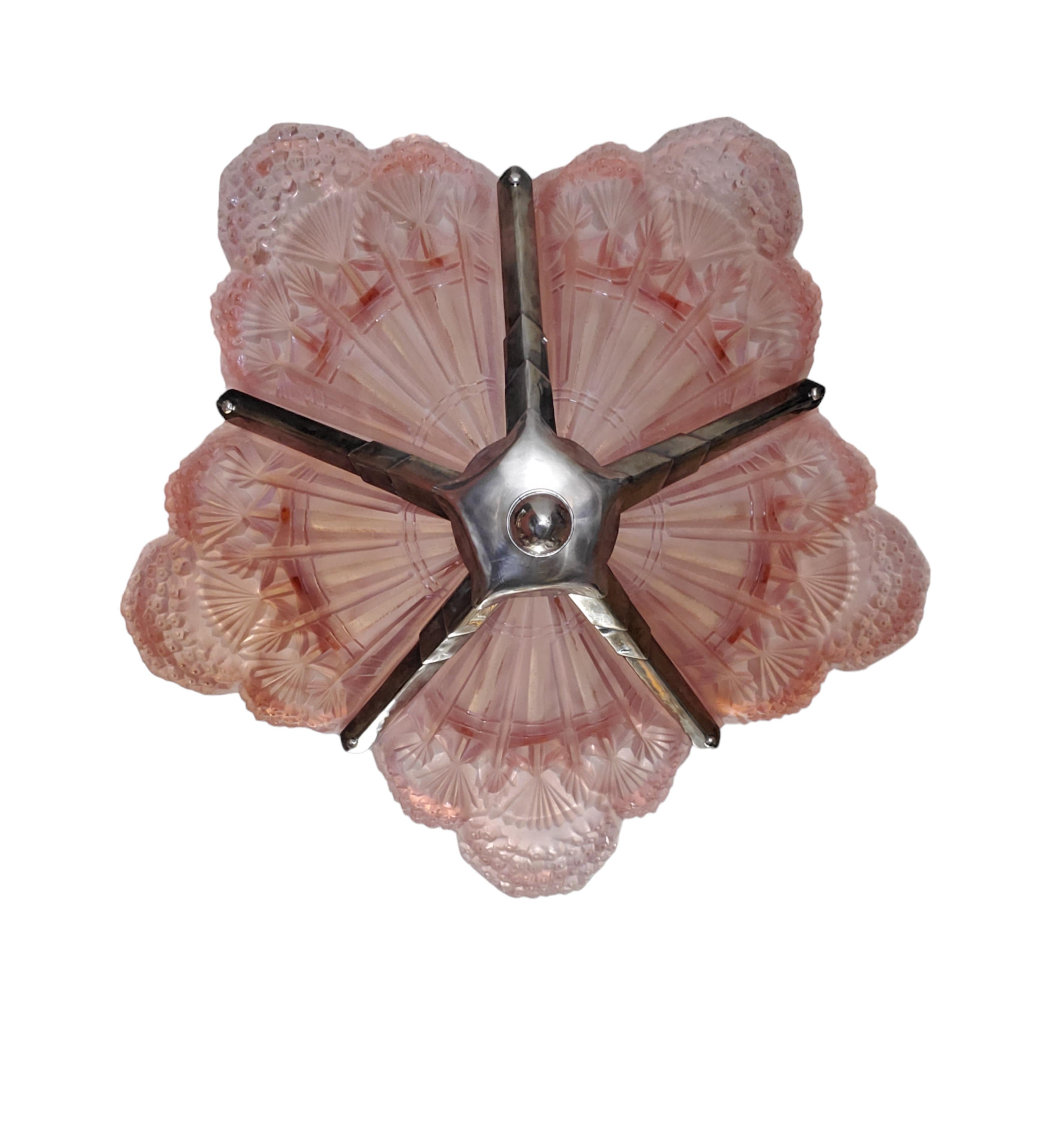 Original French Art Deco salmon/peach/ coral art glass nickel chandelier Noverdy For Sale 9