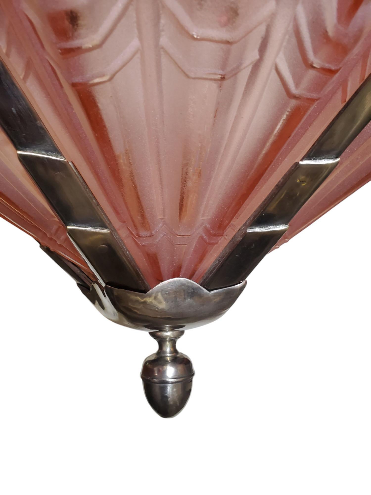 Original French Art Deco salmon/peach/ coral art glass nickel chandelier Noverdy For Sale 10