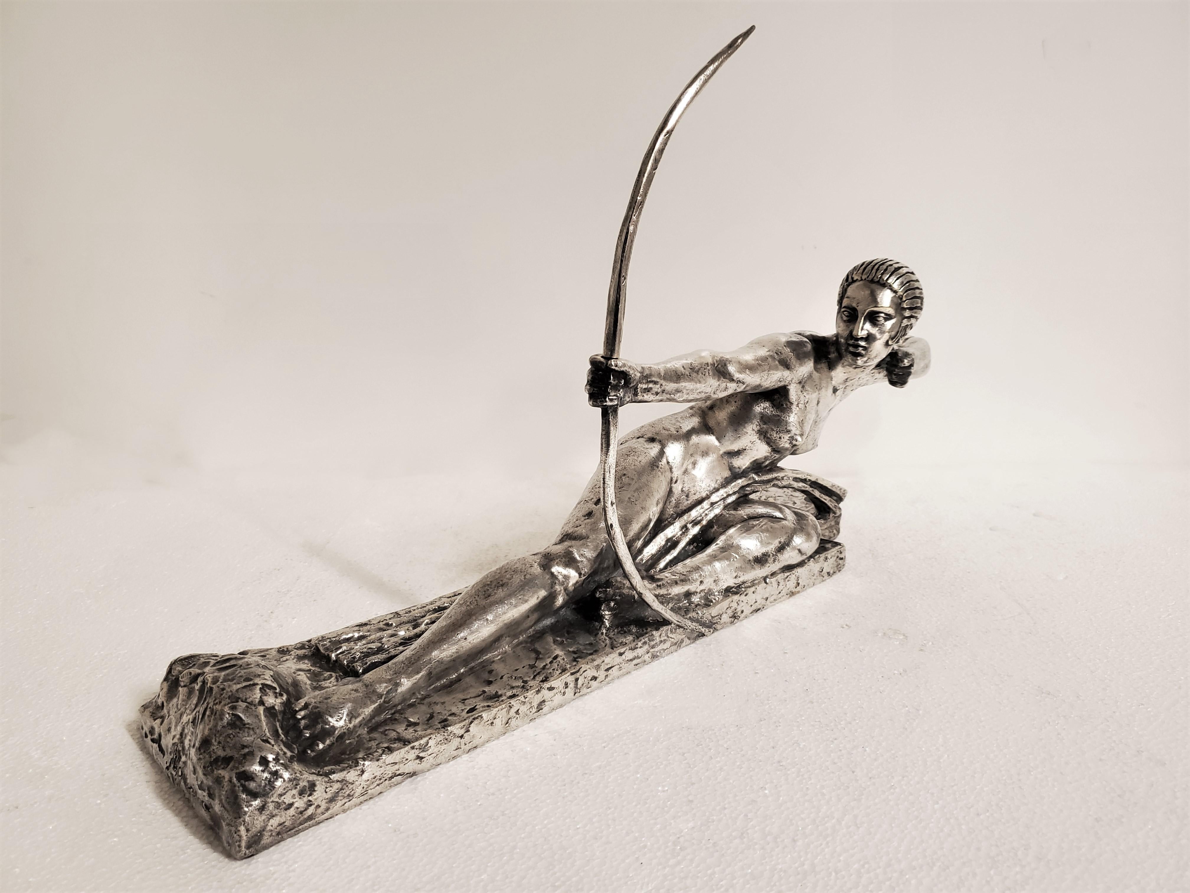 Original French Art Deco Silvered Bronze Female Archer by Marcel Bouraine 13