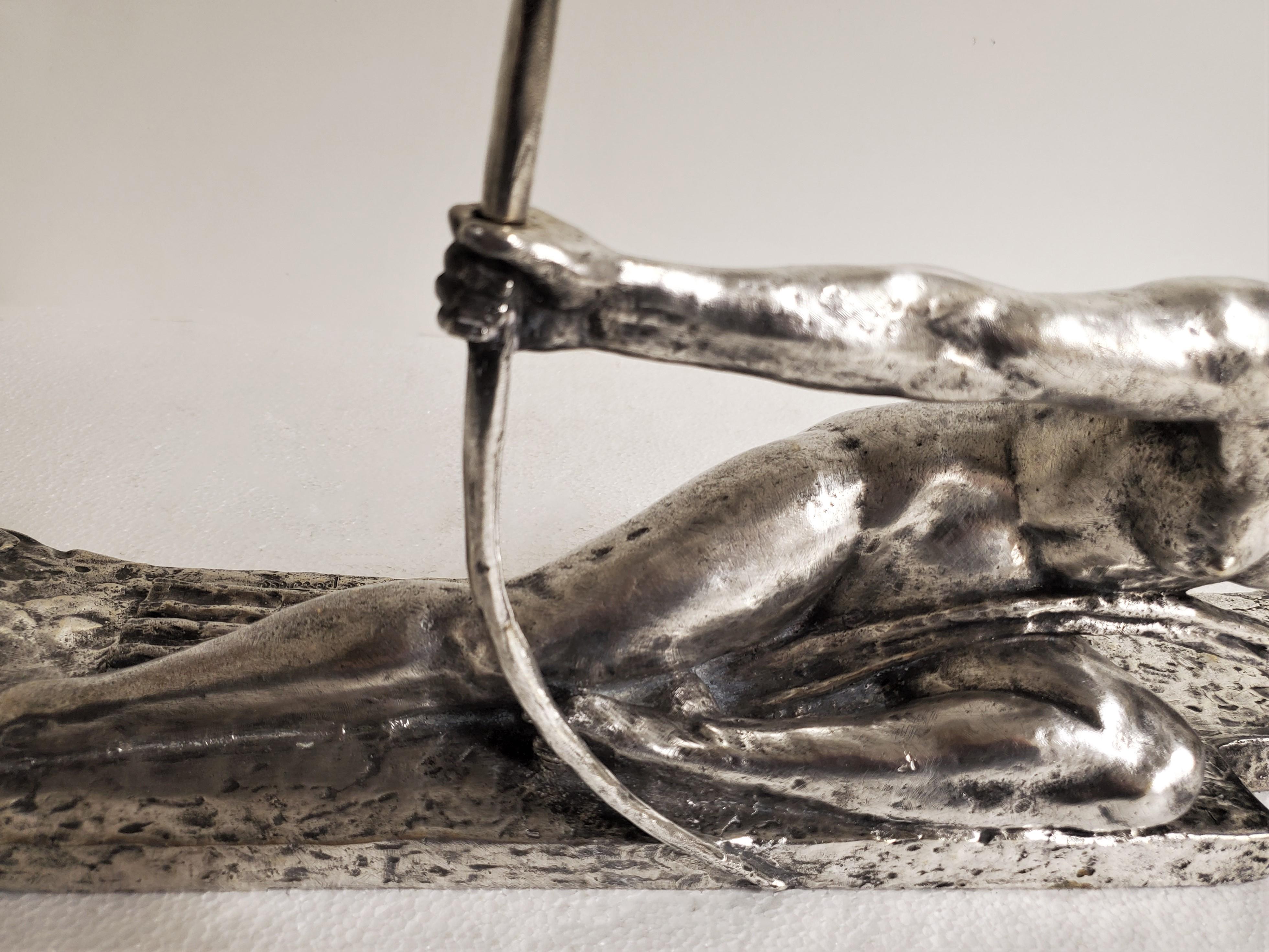 Original French Art Deco Silvered Bronze Female Archer by Marcel Bouraine 1