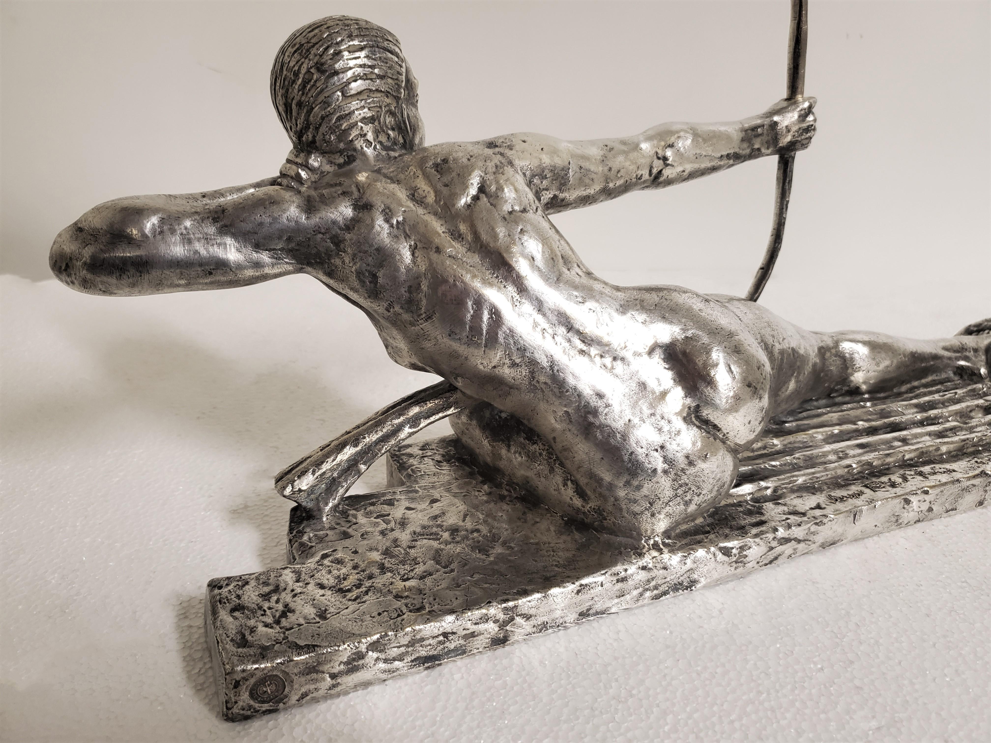 Original French Art Deco Silvered Bronze Female Archer by Marcel Bouraine 2