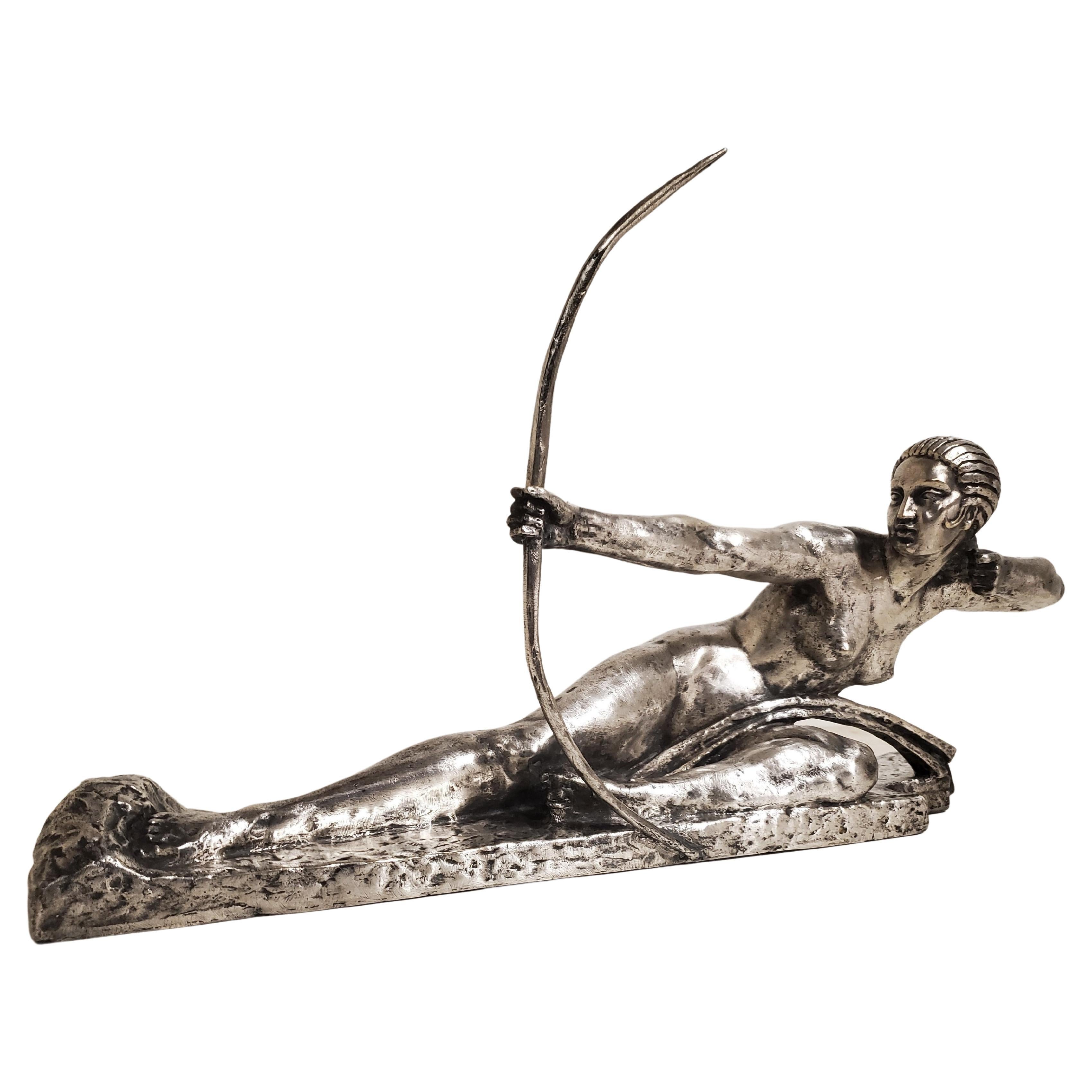 Original French Art Deco Silvered Bronze Female Archer by Marcel Bouraine