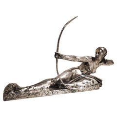 Original French Art Deco Silvered Bronze Female Archer by Marcel Bouraine