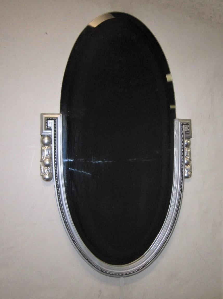 Original French Art Deco Silvered Wood, Beveled Oval Mirror with Tassel Sides For Sale 6