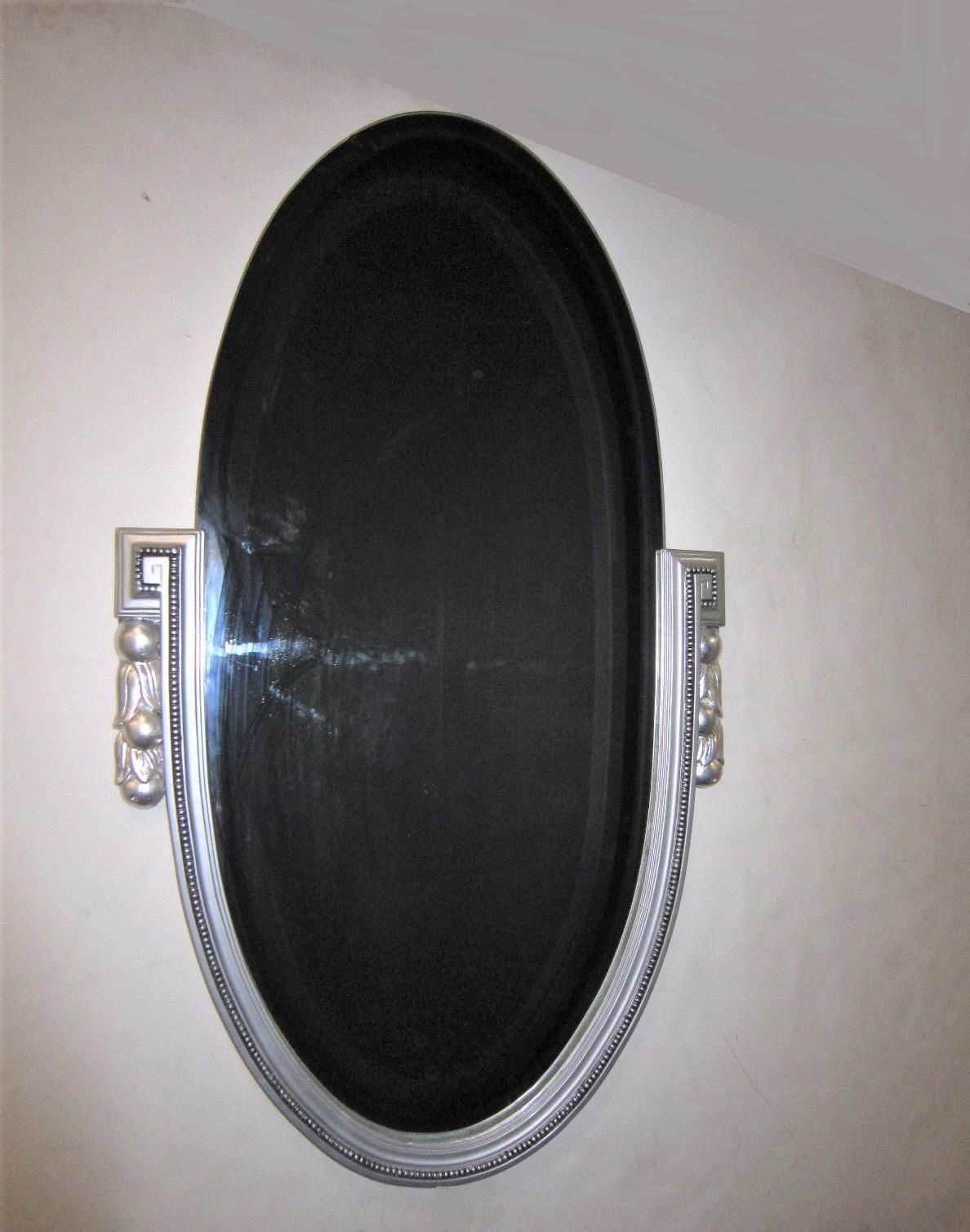 Original French Art Deco Silvered Wood, Beveled Oval Mirror with Tassel Sides For Sale 7