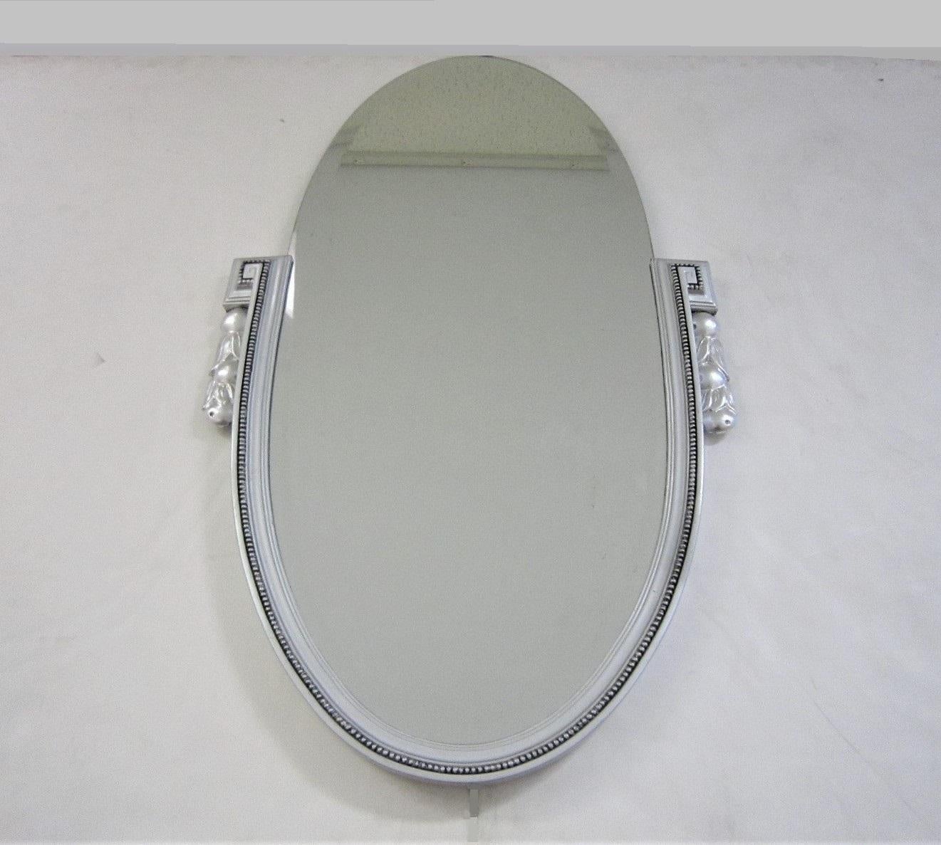 Original French Art Deco Silvered Wood, Beveled Oval Mirror with Tassel Sides For Sale 8