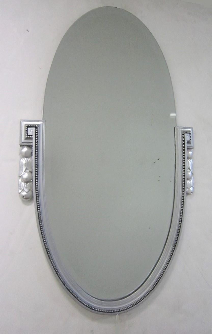 Original French Art Deco Silvered Wood, Beveled Oval Mirror with Tassel Sides For Sale 9