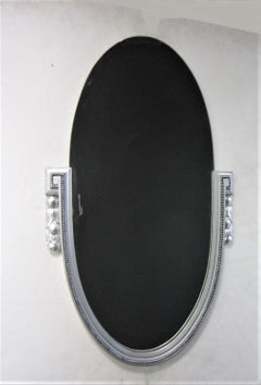Original French Art Deco Silvered Wood, Beveled Oval Mirror with Tassel Sides