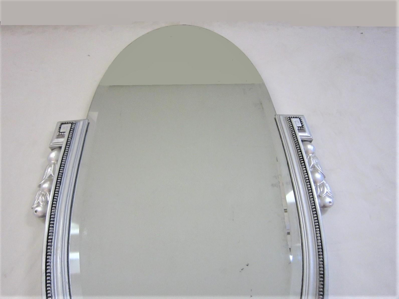 Original French Art Deco Silvered Wood, Beveled Oval Mirror with Tassel Sides For Sale 3