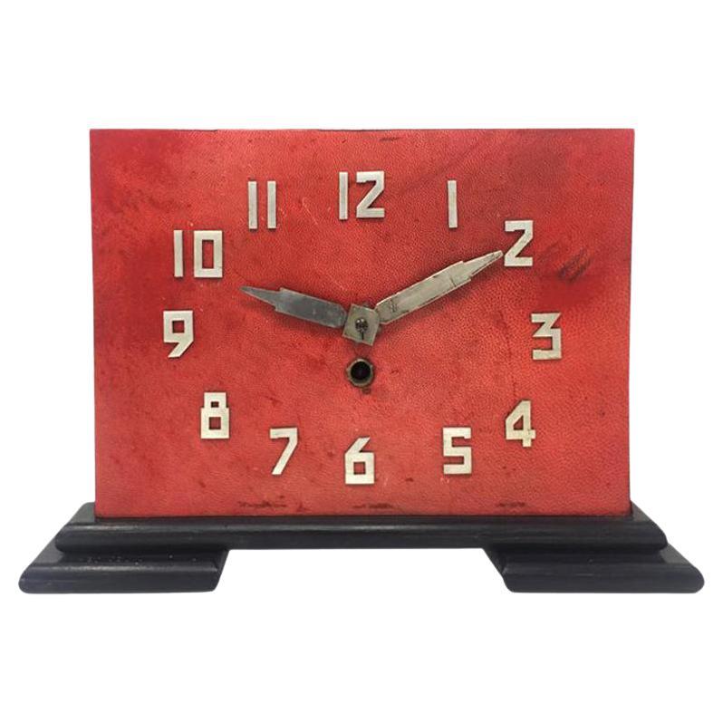 Original French Art Deco Table Clock in Red Parchment, 1930s