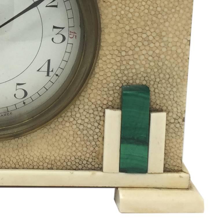 Mid-20th Century Original French Art Deco Table Clock in Shagreen and Malachite, 1930s For Sale