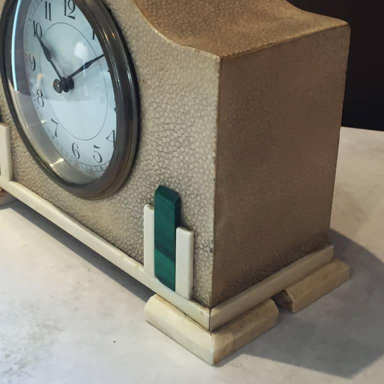 Original French Art Deco Table Clock in Shagreen and Malachite, 1930s For Sale 4