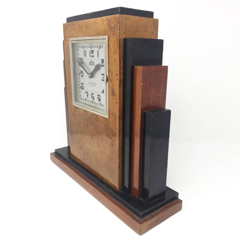 Wood Original French Art Deco Table Clock with ATO Clockwork, in Briar Root, 1930s