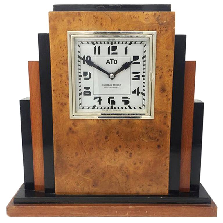 Original French Art Deco Table Clock with ATO Clockwork, in Briar Root, 1930s