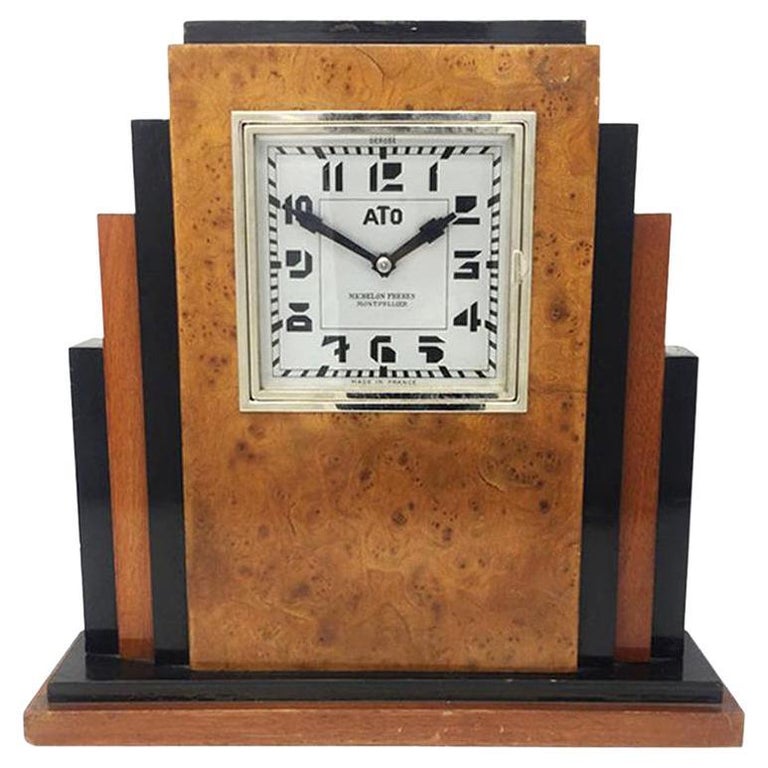 Original French Art Deco Table Clock with ATO Clockwork, in Briar Root, 1930s For Sale