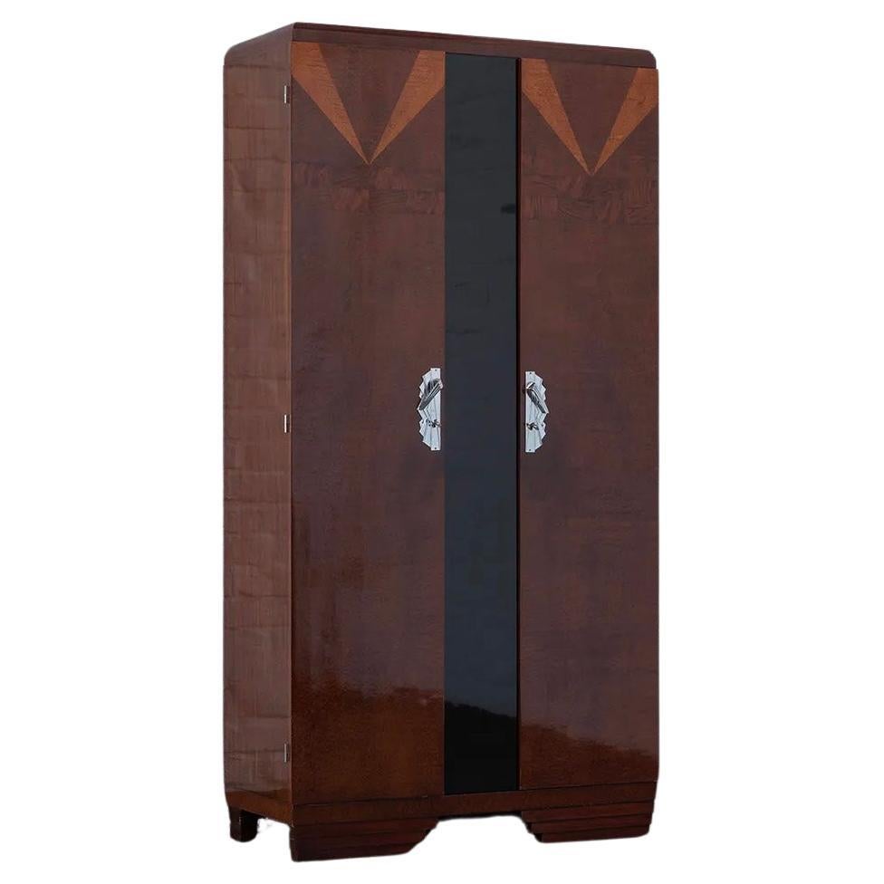 Original French Art Deco Wardrobe – Geometric Veneer, ca. 1930 For Sale
