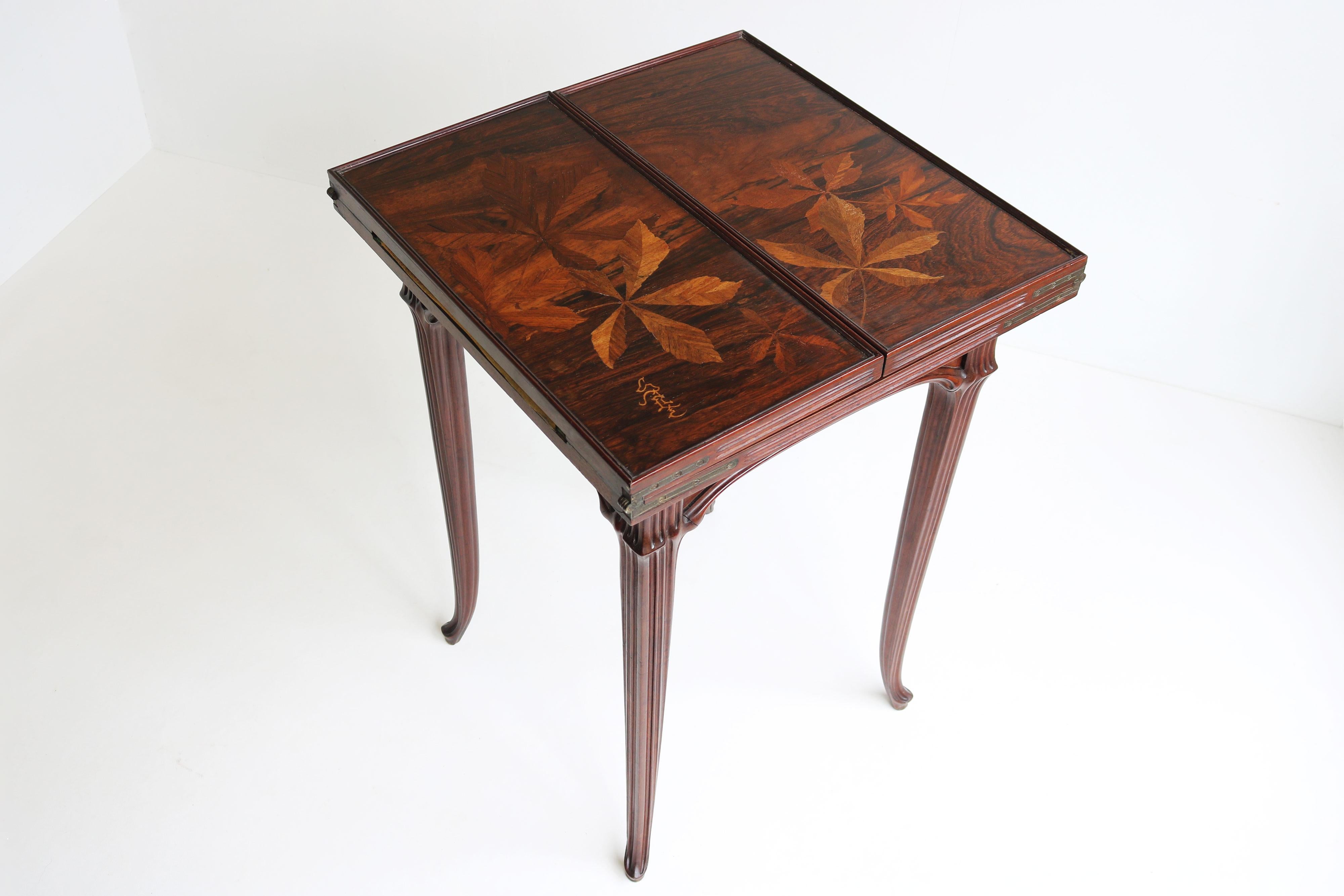 Hand-Carved Original French Art Nouveau game table / side table by Emile Gallé 1905 chestnut For Sale