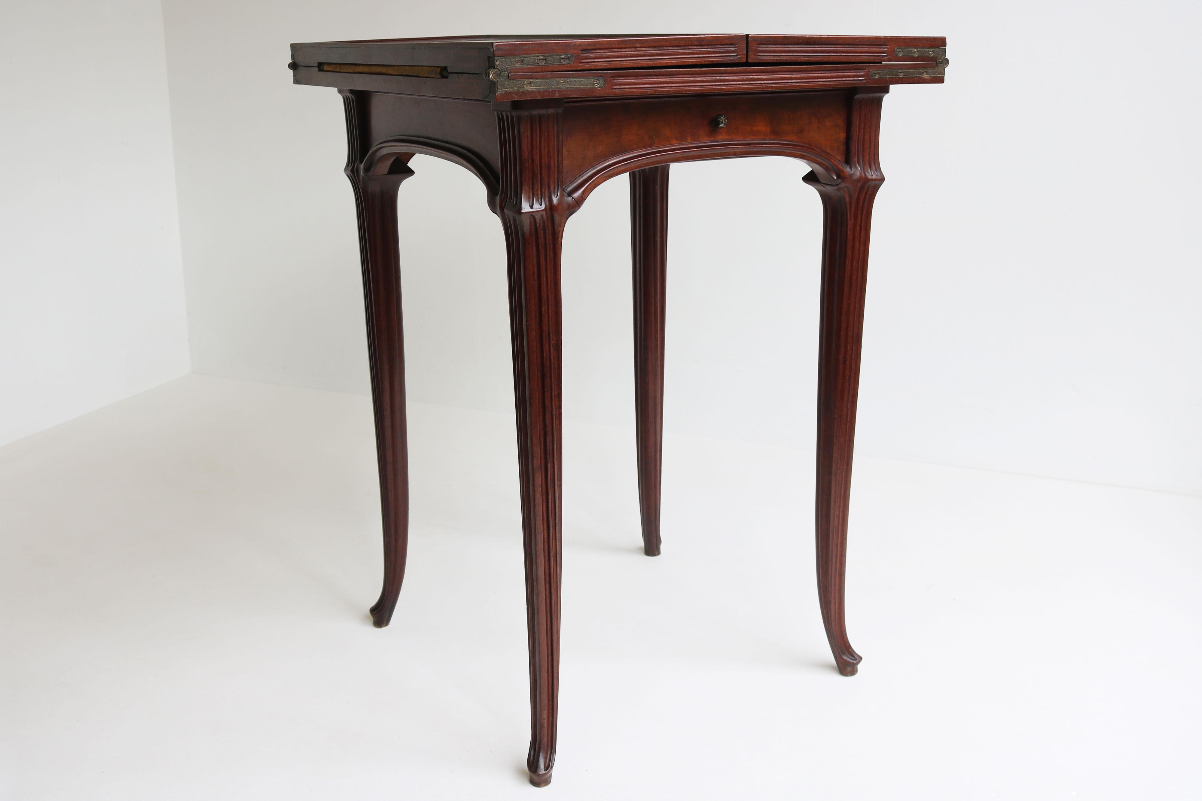 Wood Original French Art Nouveau game table / side table by Emile Gallé 1905 chestnut For Sale