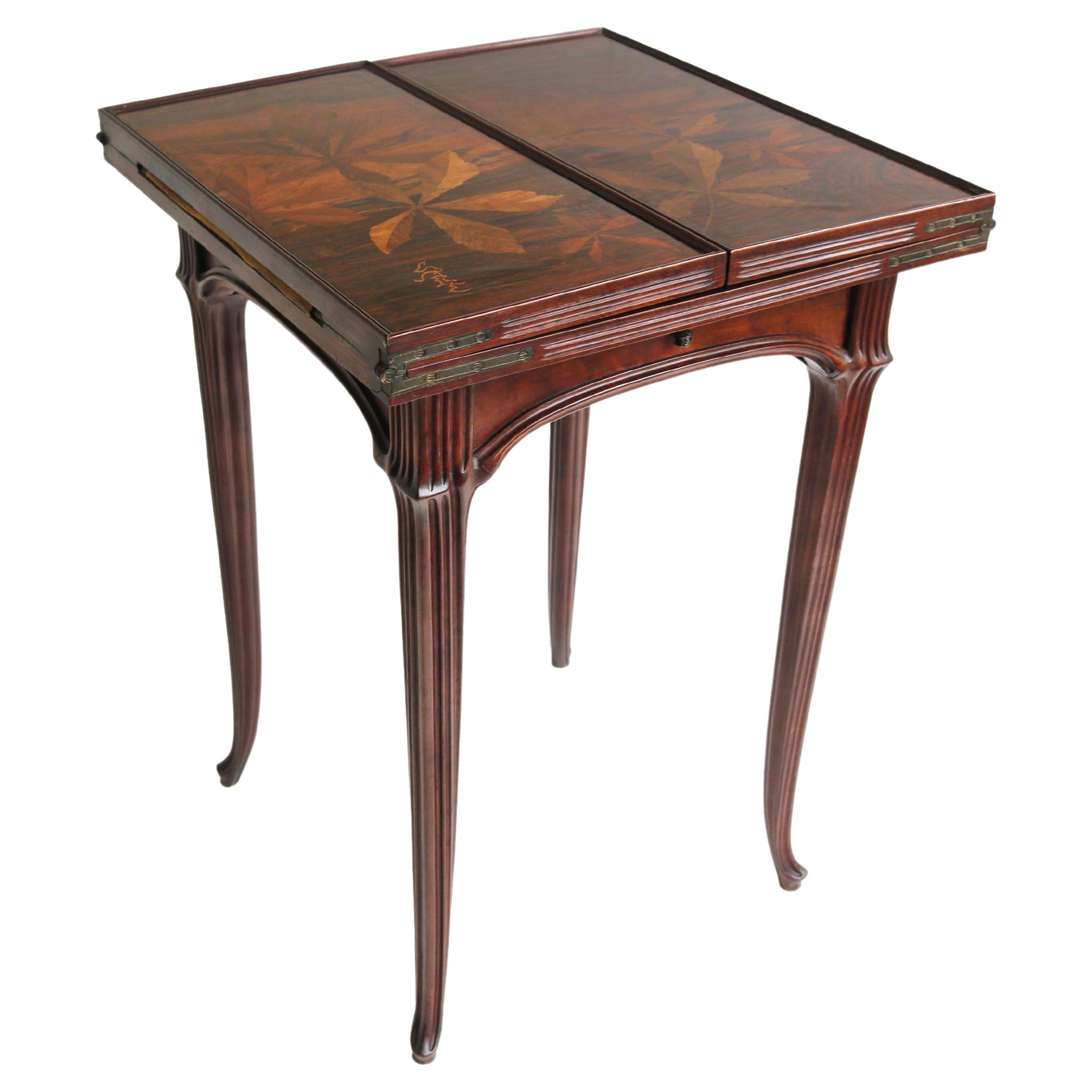 Original French Art Nouveau game table / side table by Emile Gallé 1905 chestnut For Sale
