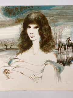 Original French Artist Proof Woman with Horses, Signed Dauce