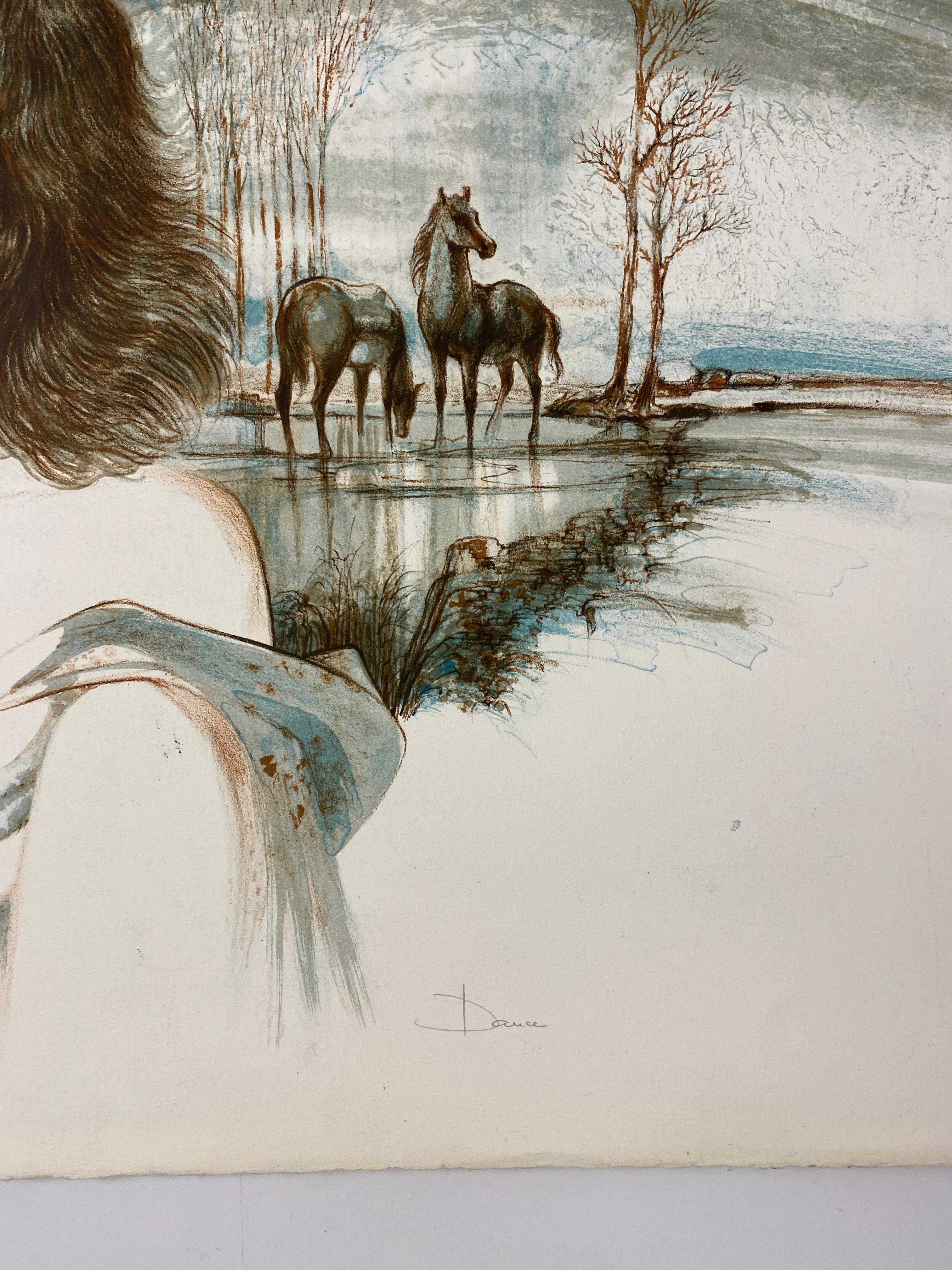 Français Original French Artist Proof Woman with Horses, signé Dauce en vente
