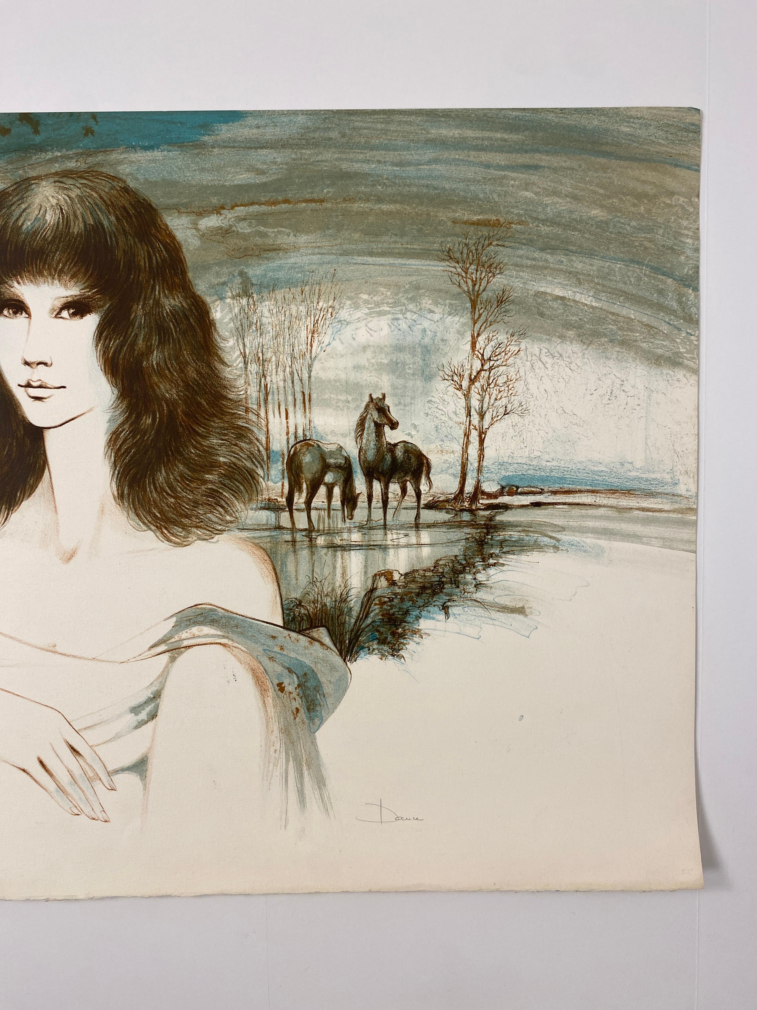 Original French Artist Proof Woman with Horses, signé Dauce Bon état - En vente à Miami, FL
