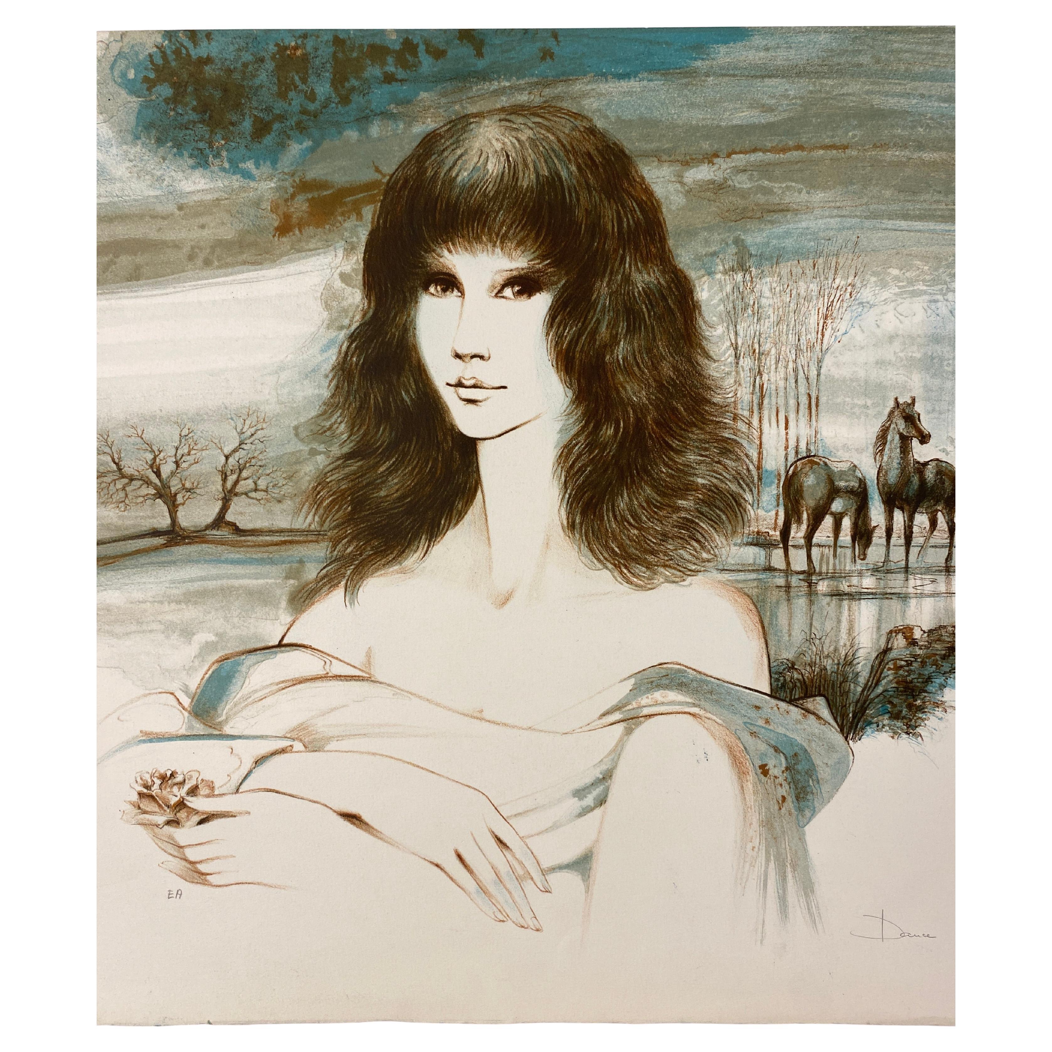 Original French Artist Proof Woman with Horses, Signed Dauce