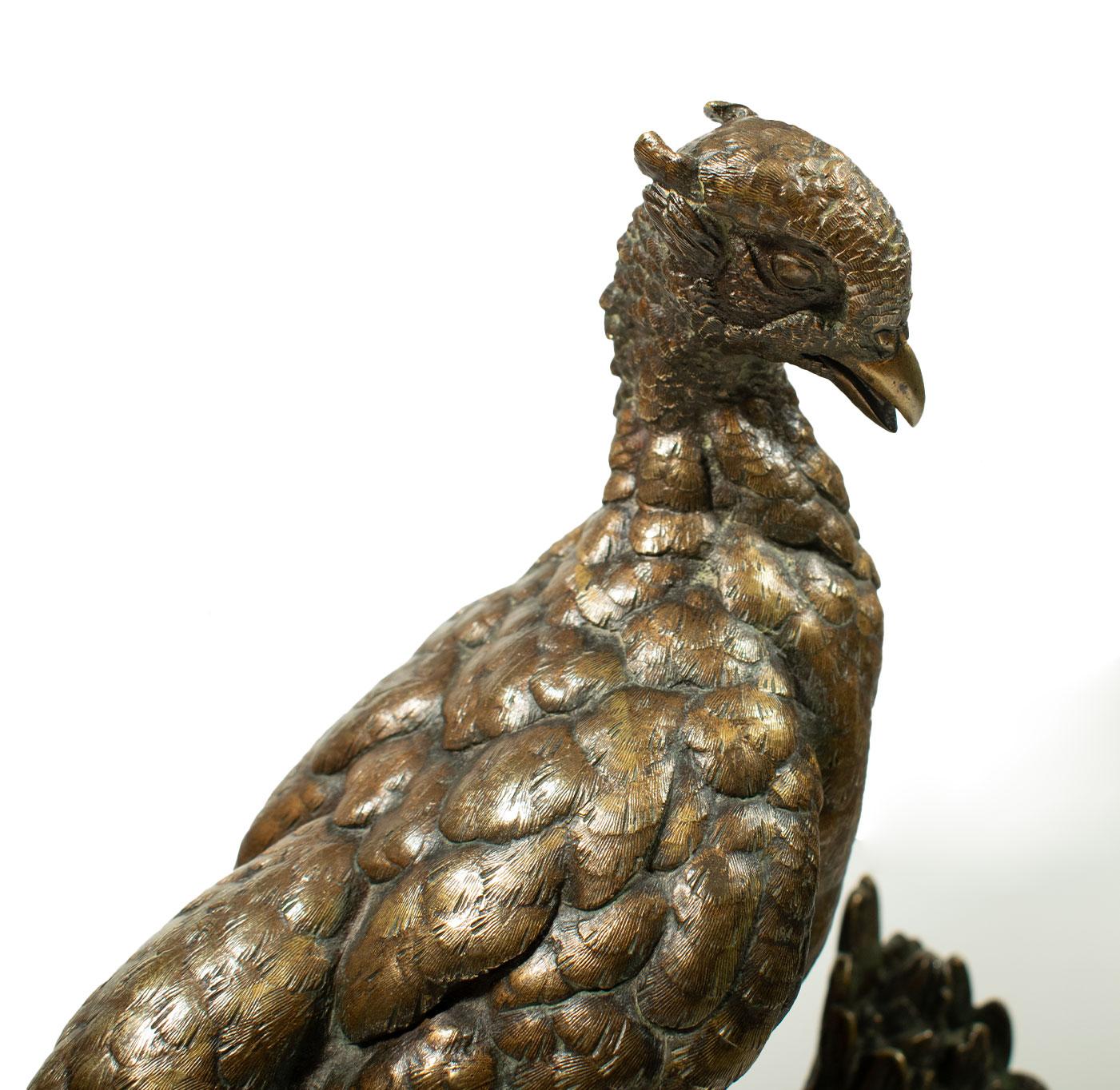 Pheasant and Stoat

A beautiful original French bronze by Jules Moigniez, featuring a cock pheasant striding over rocks and startled by a stoat hidden within the foliage.  The piece displays a particularly attractive patina which highlights the