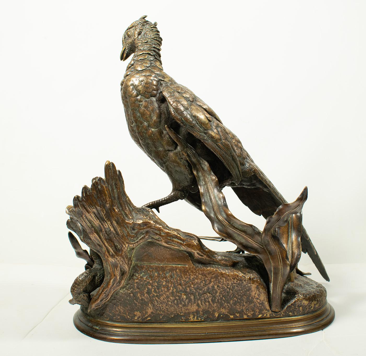 Original French bronze by Jules Moigniez - Cock Pheasant and Stoat In Good Condition In TEYJAT, FR