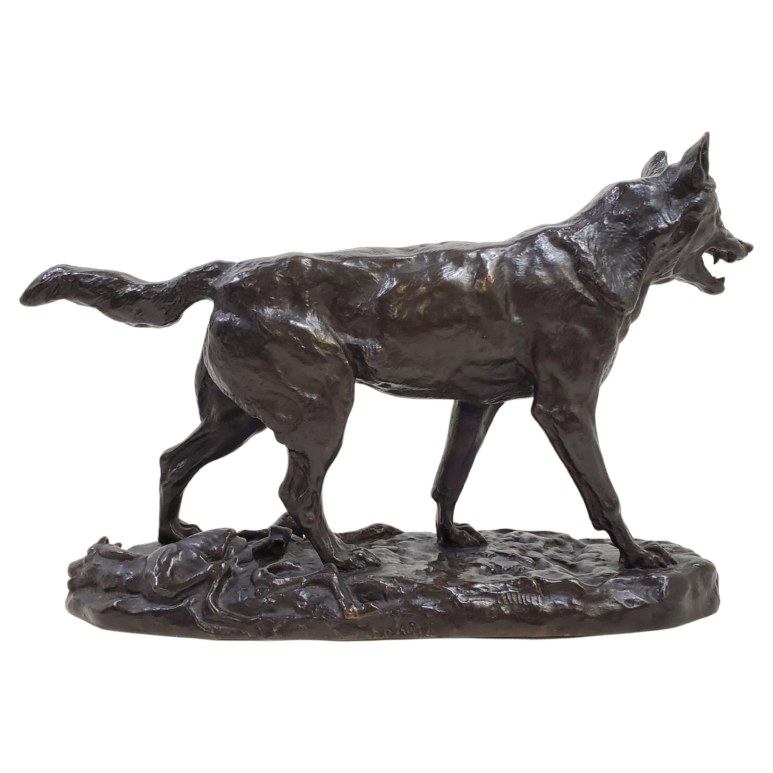 Belle statue originale en bronze du début du 20e siècle représentant un loup qui marche, 