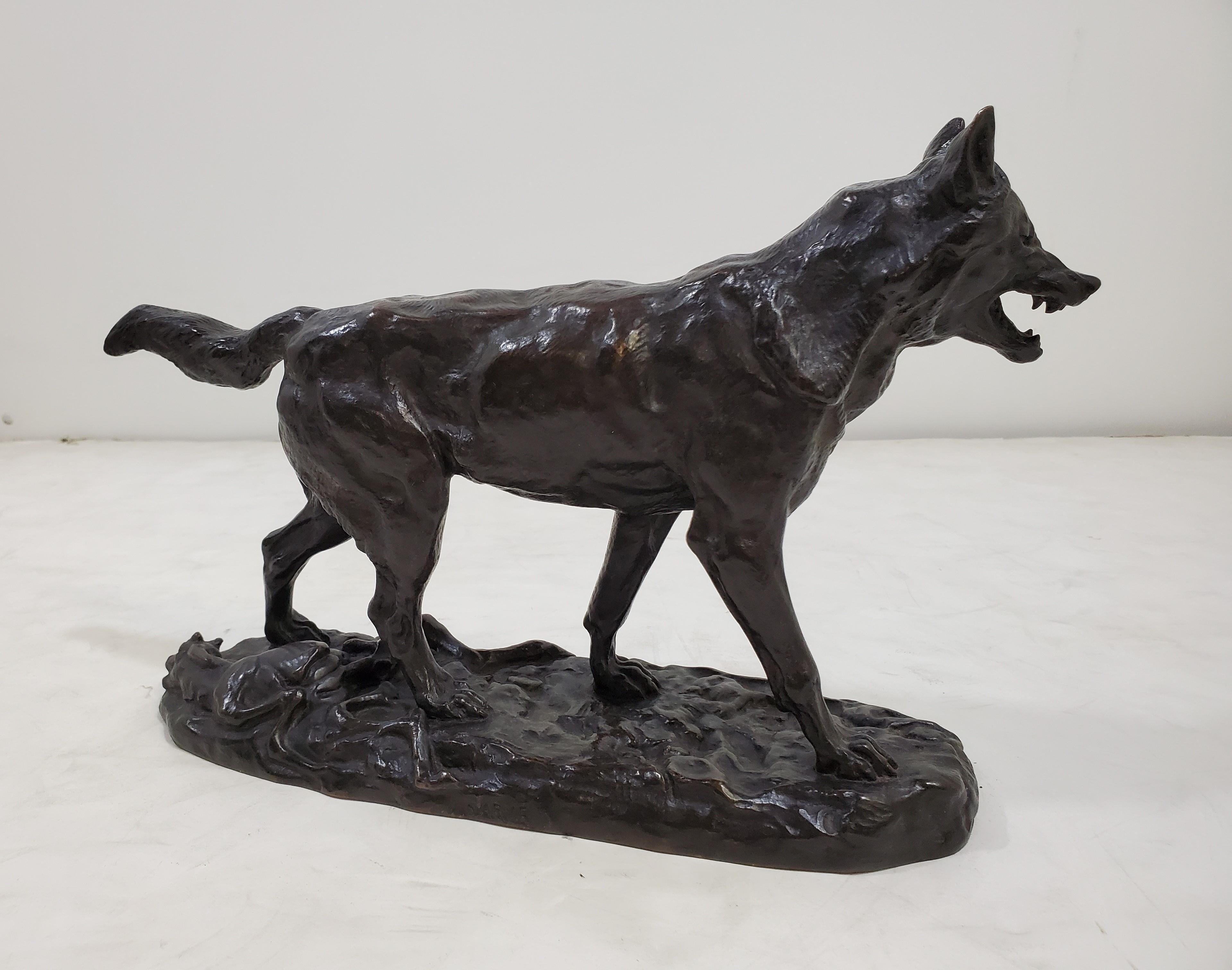 Original französische Bronzeskulptur eines streienden Wolfes aus Bronze, von Antoine- Louis Barye (20. Jahrhundert) im Angebot