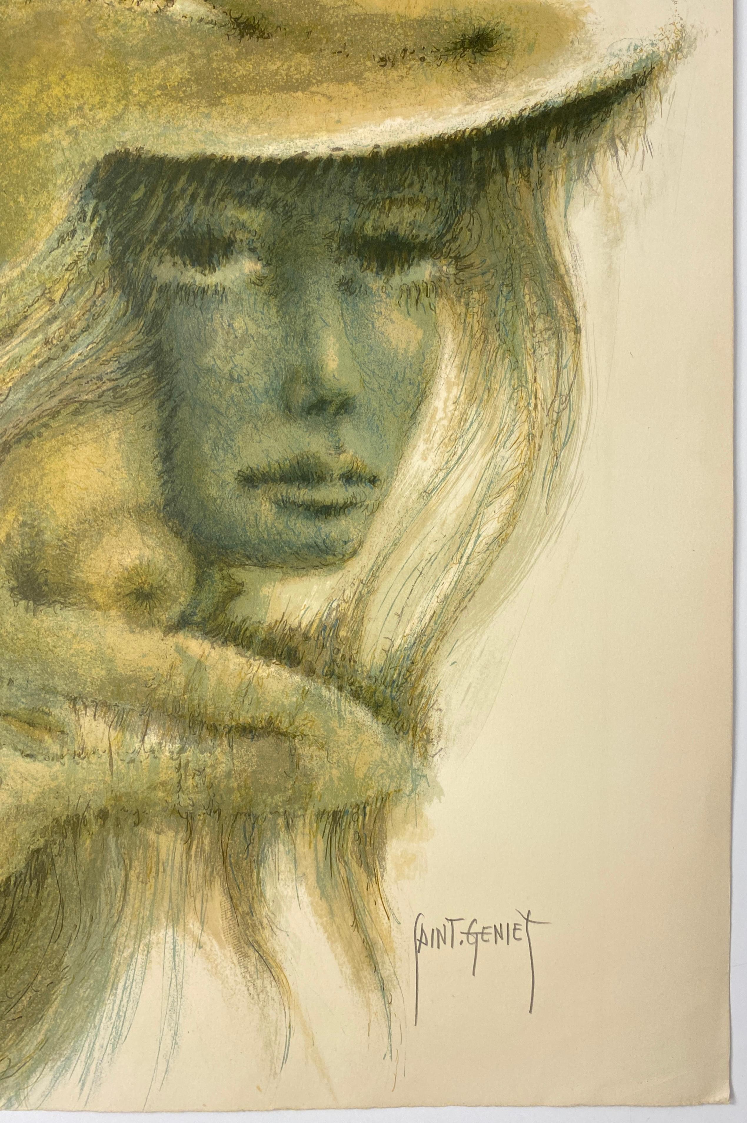Paper Original French Color Lithograph of Two Women by FRANCIS de LASSUS SAINT-GENIES For Sale